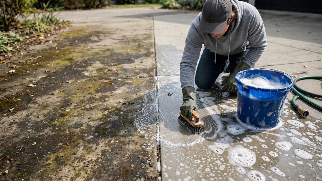 How to clean concrete without a pressure washer — scrubbing a driveway with a stiff brush and soapy water