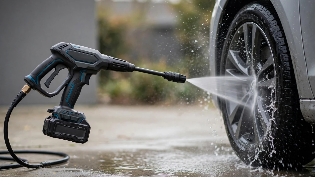 Aquoxis pressure washer review 2026 — cordless unit cleaning a car