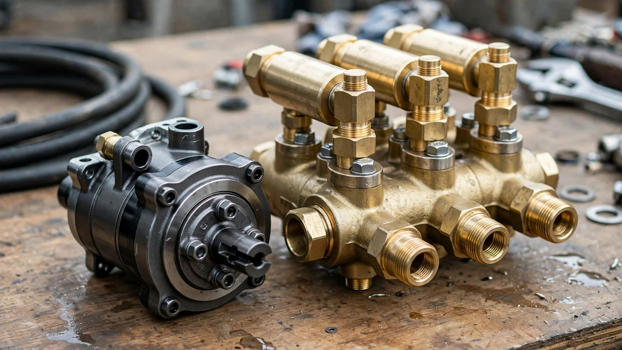 Axial vs triplex pump — close-up of two pressure washer pumps