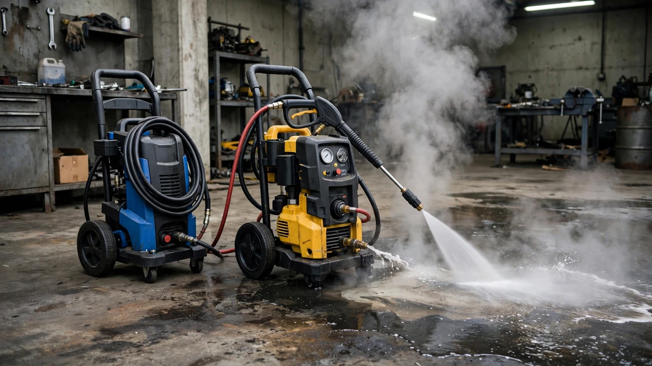 Hot water vs cold water pressure washer — steam cleaning greasy concrete