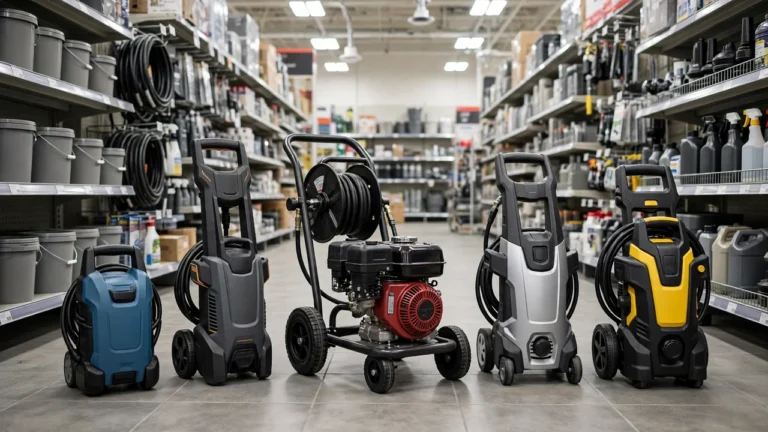 How much does a pressure washer cost — different models lined up in a store aisle