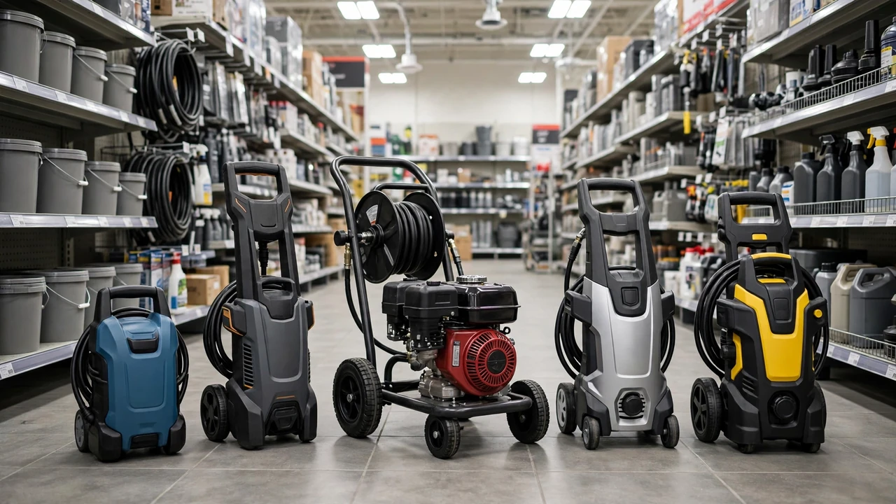 How much does a pressure washer cost — different models lined up in a store aisle