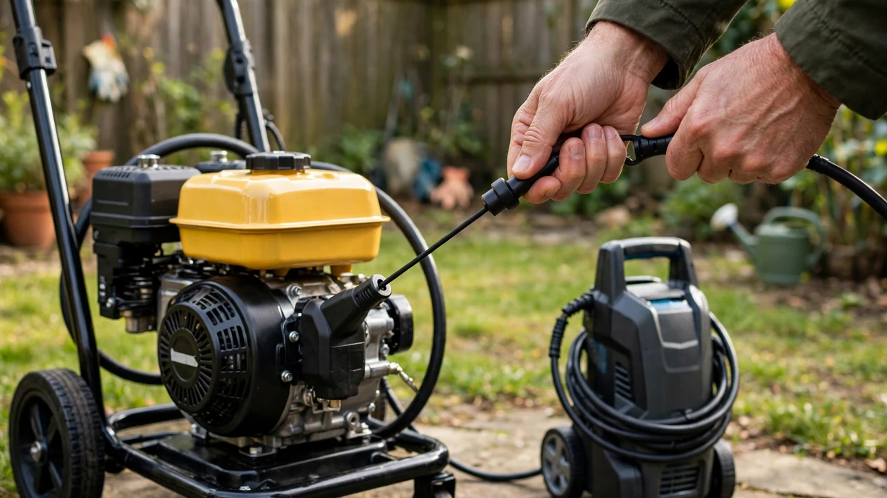 How to start a pressure washer — pulling the recoil starter cord on a gas model