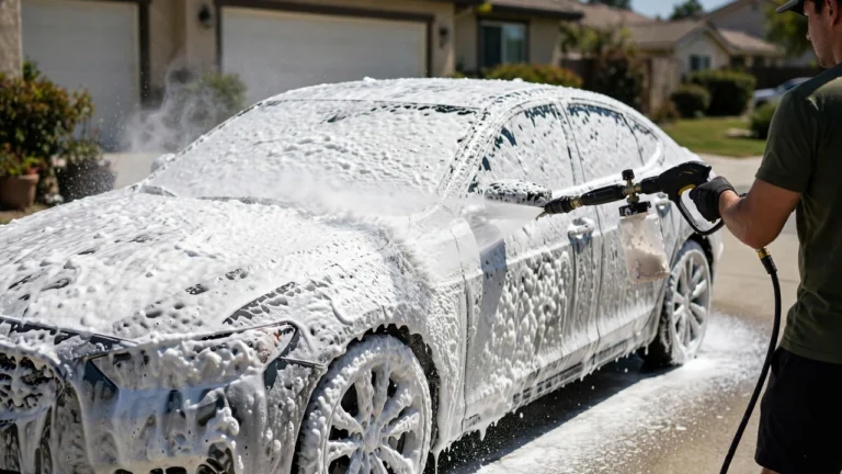 How to use a foam cannon on a pressure washer — thick foam covering a car