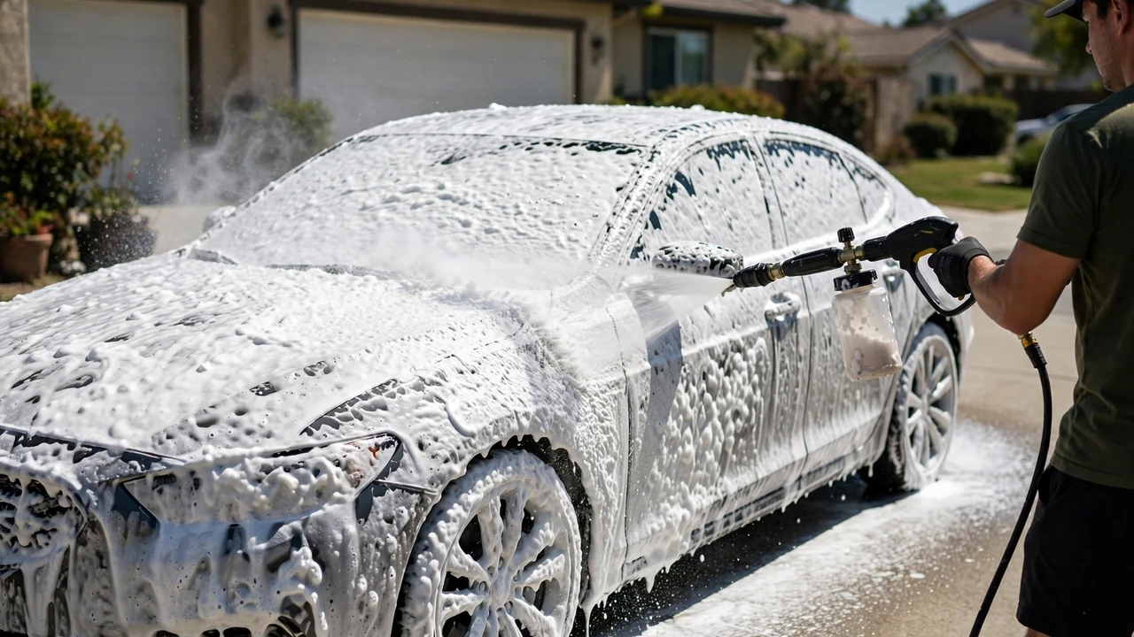 How to use a foam cannon on a pressure washer — thick foam covering a car