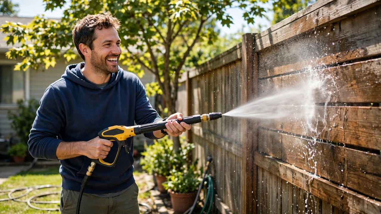 How to use a pressure washer — beginner spraying a wooden fence