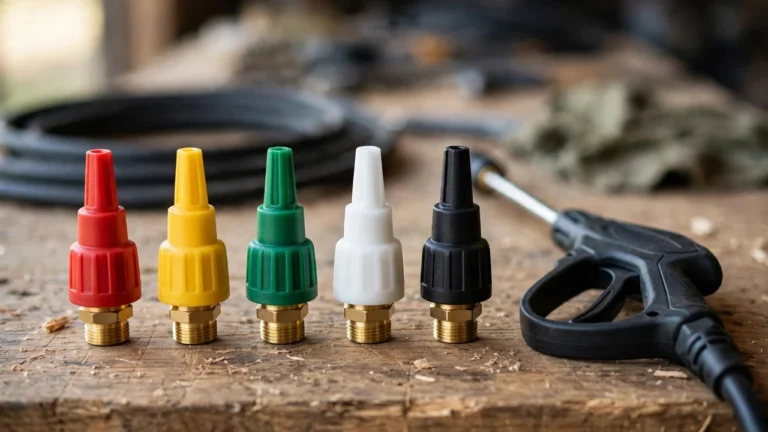 Pressure washer nozzle color guide — red, yellow, green, white and black nozzles