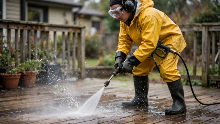 Pressure washer safety gear — goggles, gloves and boots while operating a pressure washer