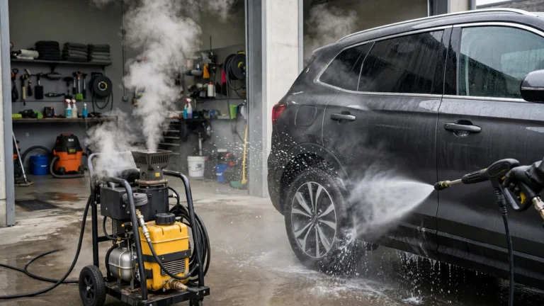 Pressure washer vs power washer — cold water spray next to a steaming hot-water unit
