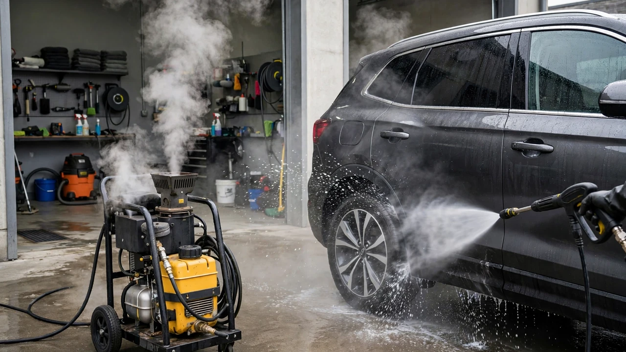 Pressure washer vs power washer — cold water spray next to a steaming hot-water unit