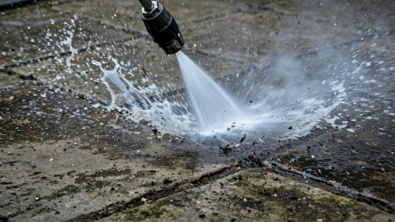 PSI vs GPM explained — high-pressure spray fan cleaning a patio