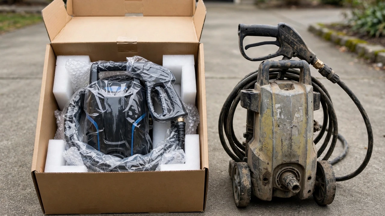 Rent vs buy a pressure washer — new boxed unit next to a used one