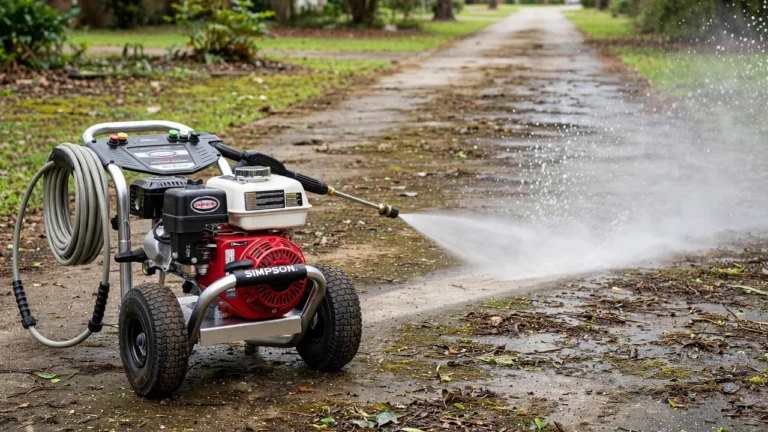 Simpson pressure washer review 2026 — gas model cleaning a driveway