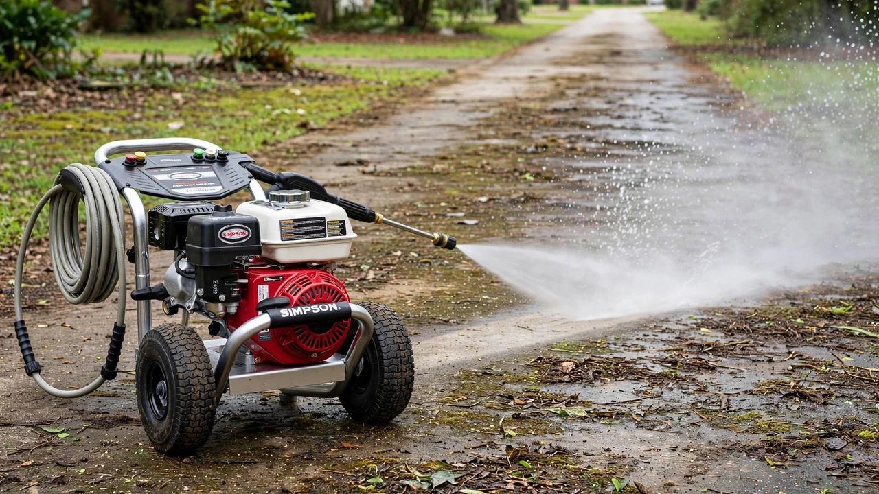 Simpson pressure washer review 2026 — gas model cleaning a driveway