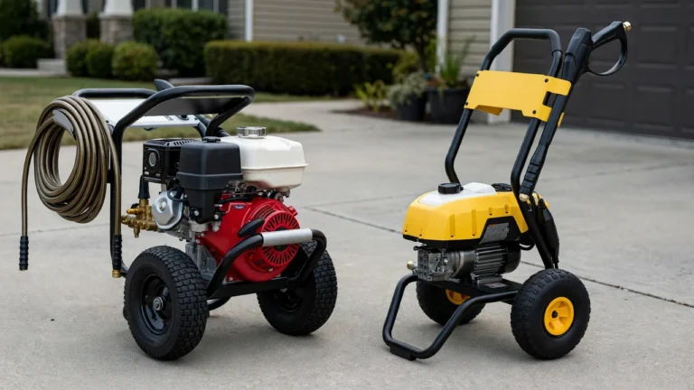 Simpson vs DeWalt pressure washer — red gas unit vs yellow electric unit