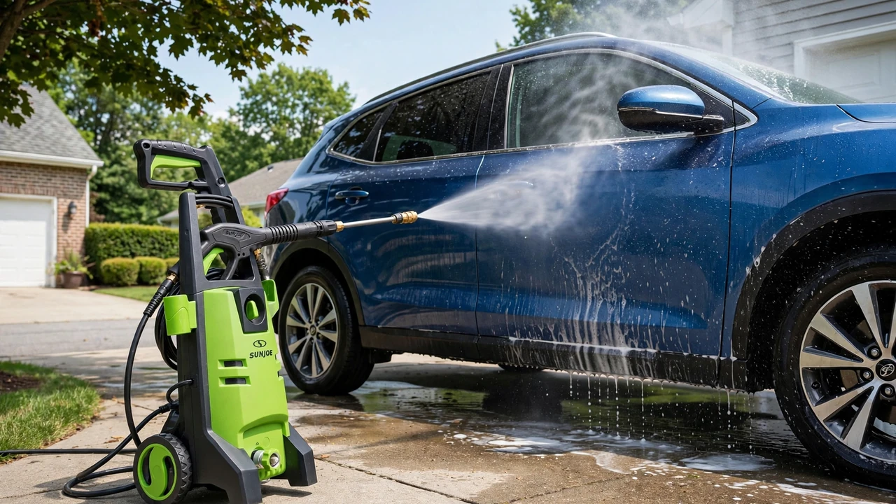 Sun Joe pressure washer review 2026 — SPX3000 washing a car